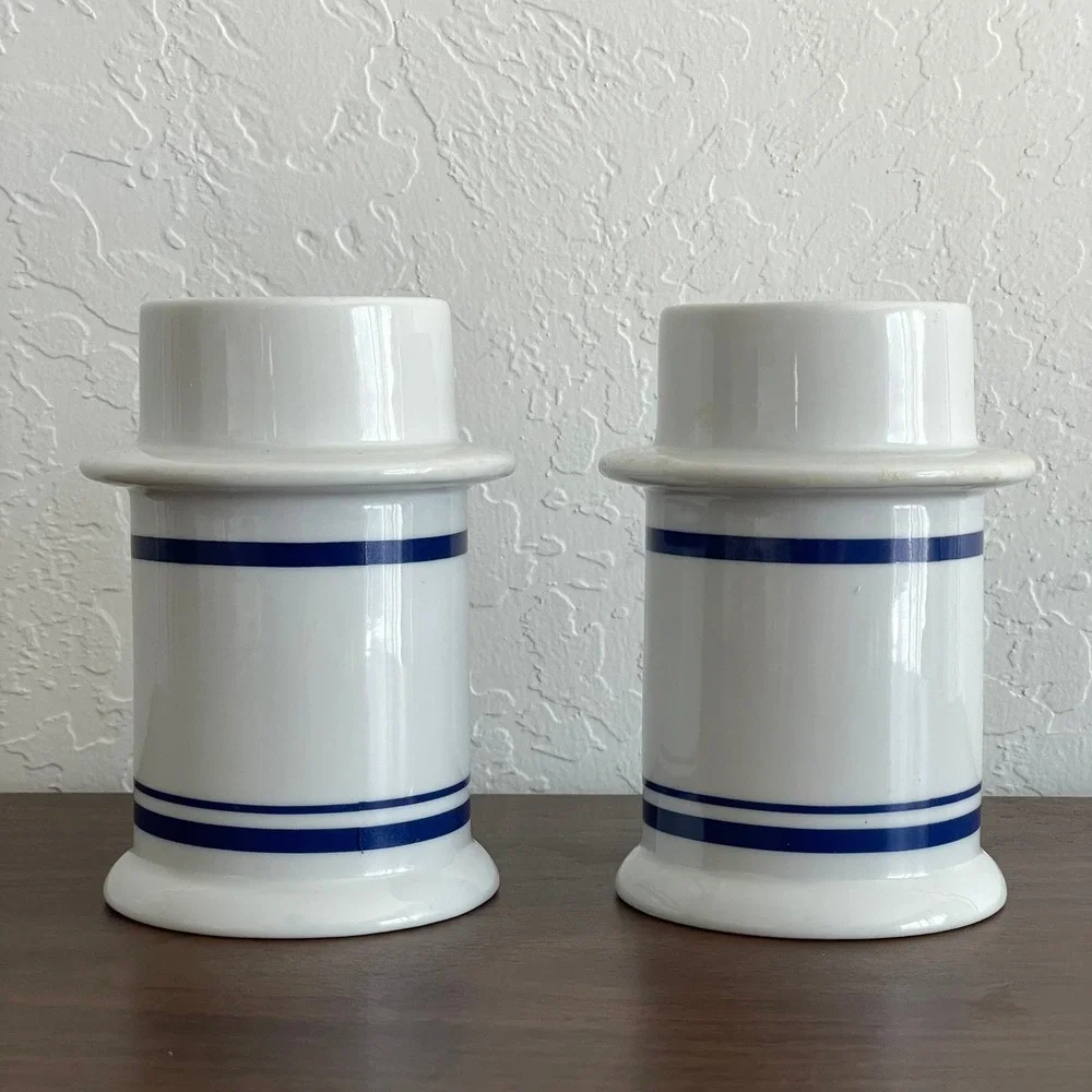 Vintage Dansk? MCM Candle Holders Christanshavn Blue White Taiwan Pair 2